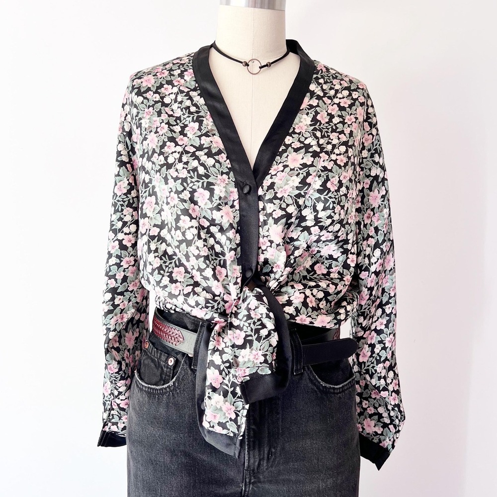 Small Satin Cardigan Top Black Floral Button Front Vintage 90s Grunge Whimsygoth